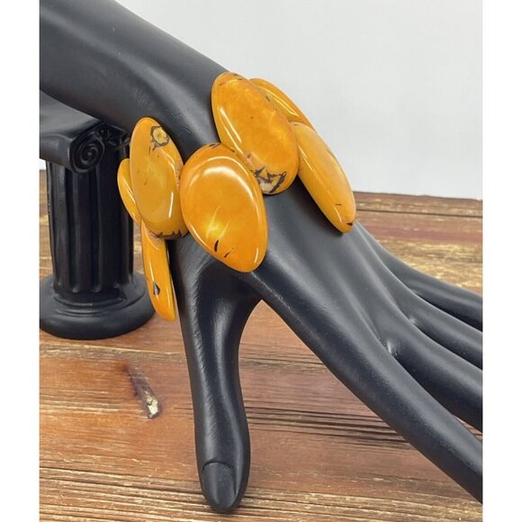 Tagua Nut Wide Cuff Bracelet Orange Almond Shape Handmade Ecuador - Picture 2 of 10